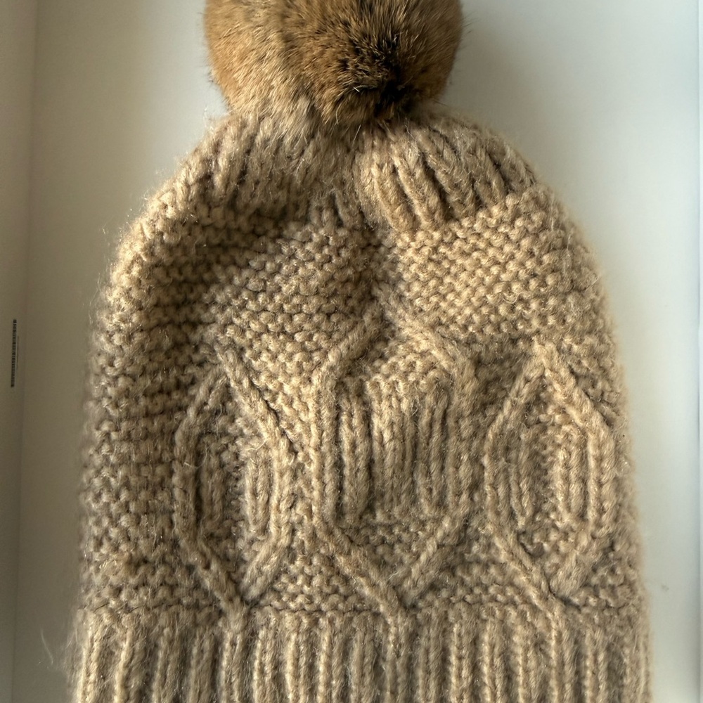 Surell Tan Knit Beanie with Pom Pom